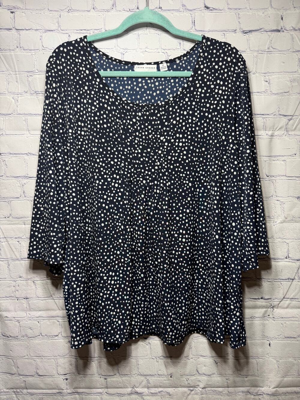 Susan Graver Womens Polka Dot 3/4 Sleeve Scoop Neck Top Blue Sz 2X